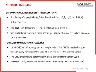 COURSE: DAA UNIT: 5 Pg:
CHROMATIC NUMBER DECISION PROBLEM (CNP)
 A coloring of a graph G = (V,E) is a function f : V □ { 1,2, …, k} i V If (U, V)
E then f(u) f(v).
 The CNP is to determine if G has a coloring for a given K.
 Satisfiability with at most three literals per clause chromatic number problem.
CNP is NP-hard.
DIRECTED HAMILTONIAN CYCLE(DHC)
 Let G=(V,E) be a directed graph and length n=1V1 The DHC is a cycle that goes
through every vertex exactly once and then returns to the starting vertex.
 The DHC problem is to determine if G has a directed Hamiltonian Cycle.
 Theorem: CNF (Conjunctive Normal Form) satisfiability DHC DHC is NP- hard.
17
NP HARD PROBLEMS
 