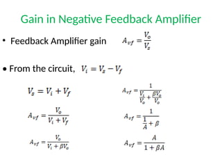 Gain in Negative Feedback Amplifier
• Feedback Amplifier gain
• From the circuit,
 
