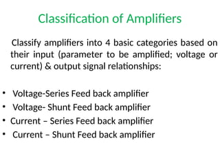 Classification of Amplifiers
Classify amplifiers into 4 basic categories based on
their input (parameter to be amplified; voltage or
current) & output signal relationships:
• Voltage-Series Feed back amplifier
• Voltage- Shunt Feed back amplifier
• Current – Series Feed back amplifier
• Current – Shunt Feed back amplifier
 