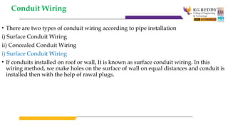 Conduit Wiring
• There are two types of conduit wiring according to pipe installation
i) Surface Conduit Wiring
ii) Concealed Conduit Wiring
i) Surface Conduit Wiring
• If conduits installed on roof or wall, It is known as surface conduit wiring. In this
wiring method, we make holes on the surface of wall on equal distances and conduit is
installed then with the help of rawal plugs.
 