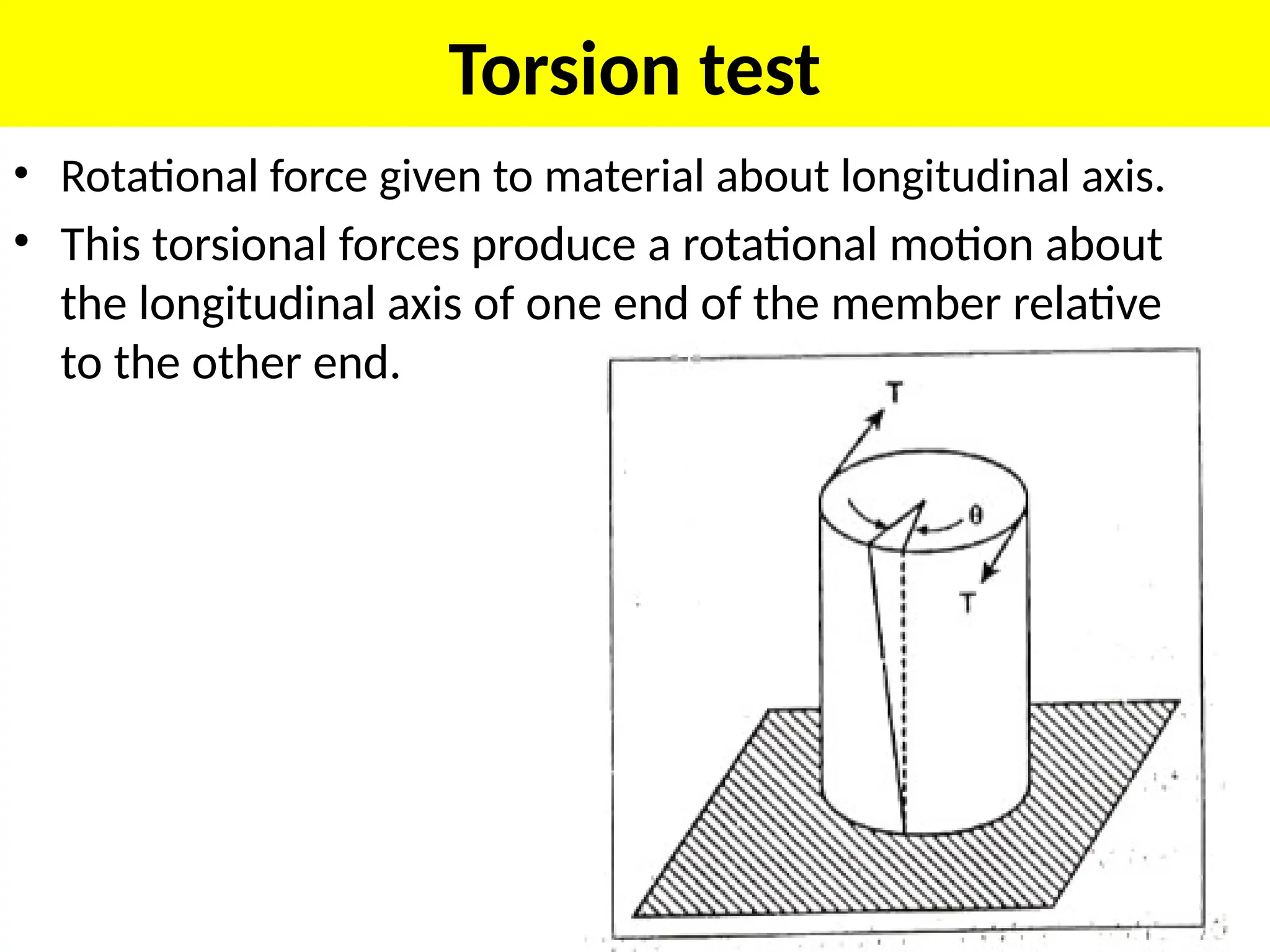 Torsion test
• Rotational force given to material about longitudinal axis.
• This torsional forces produce a rotational motion about
the longitudinal axis of one end of the member relative
to the other end.
 