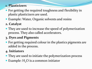 1. Plasticizers
 For getting the required toughness and flexibility in
plastic plasticizers are used.
 Example: Water, Organic solvents and resins
2. Catalyst
 They are used to increase the speed of polymerization
process. They also called accelerators.
3. Dyes and Pigments
 For getting required colour in the plastics pigments are
added in the process.
4. Initiators
 They are used to initiate the polymerization process
 Example: H2O is a common initiator
 