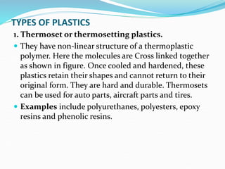 TYPES OF PLASTICS
1. Thermoset or thermosetting plastics.
 They have non-linear structure of a thermoplastic
polymer. Here the molecules are Cross linked together
as shown in figure. Once cooled and hardened, these
plastics retain their shapes and cannot return to their
original form. They are hard and durable. Thermosets
can be used for auto parts, aircraft parts and tires.
 Examples include polyurethanes, polyesters, epoxy
resins and phenolic resins.
 