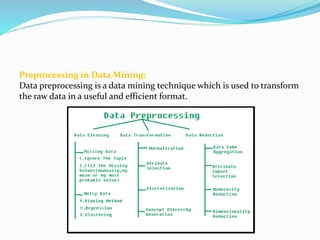 Preprocessing in Data Mining:
Data preprocessing is a data mining technique which is used to transform
the raw data in a useful and efficient format.
 