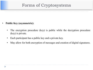 Forms of Cryptosystems
• Public Key (asymmetric):
• The encryption procedure (key) is public while the decryption procedure
(key) is private.
• Each participant has a public key and a private key.
• May allow for both encryption of messages and creation of digital signatures.
 