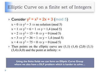 Elliptic Curve on a finite set of Integers
 Consider y2 = x3 + 2x + 3 (mod 5)
x = 0  y2 = 3  no solution (mod 5)
x = 1  y2 = 6 = 1  y = 1,4 (mod 5)
x = 2  y2 = 15 = 0  y = 0 (mod 5)
x = 3  y2 = 36 = 1  y = 1,4 (mod 5)
x = 4  y2 = 75 = 0  y = 0 (mod 5)
 Then points on the elliptic curve are (1,1) (1,4) (2,0) (3,1)
(3,4) (4,0) and the point at infinity: 
Using the finite fields we can form an Elliptic Curve Group
where we also have a DLP problem which is harder to solve…
 