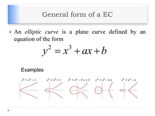 General form of a EC
 An elliptic curve is a plane curve defined by an
equation of the form
baxxy  32
Examples
 