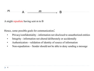 4
A Bm
A might repudiate having sent m to B
Hence, some possible goals for communication:
• Privacy/confidentiality - information not disclosed to unauthorized entities
• Integrity - information not altered deliberately or accidentally
• Authentication - validation of identity of source of information
• Non-repudiation – Sender should not be able to deny sending a message
(4)
 