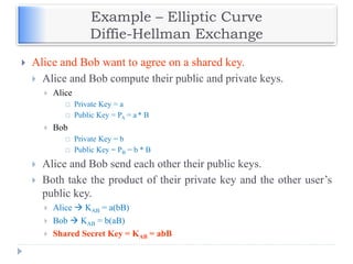Example – Elliptic Curve
Diffie-Hellman Exchange
 Alice and Bob want to agree on a shared key.
 Alice and Bob compute their public and private keys.
 Alice
 Private Key = a
 Public Key = PA = a * B
 Bob
 Private Key = b
 Public Key = PB = b * B
 Alice and Bob send each other their public keys.
 Both take the product of their private key and the other user’s
public key.
 Alice  KAB = a(bB)
 Bob  KAB = b(aB)
 Shared Secret Key = KAB = abB
 