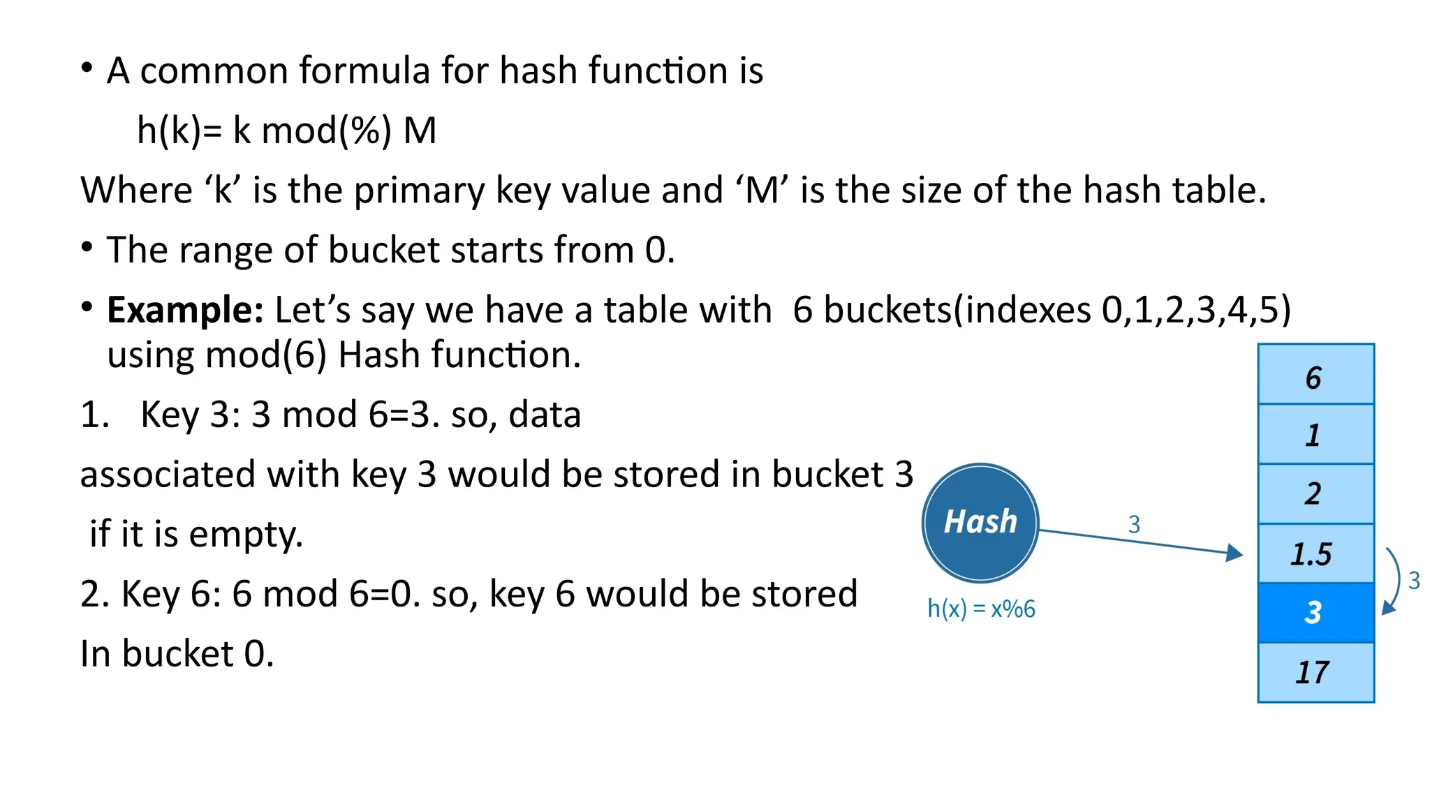 • A common formula for hash function is
h(k)= k mod(%) M
Where ‘k’ is the primary key value and ‘M’ is the size of the hash table.
• The range of bucket starts from 0.
• Example: Let’s say we have a table with 6 buckets(indexes 0,1,2,3,4,5)
using mod(6) Hash function.
1. Key 3: 3 mod 6=3. so, data
associated with key 3 would be stored in bucket 3
if it is empty.
2. Key 6: 6 mod 6=0. so, key 6 would be stored
In bucket 0.
 