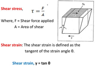 .
Shear stress,
Where, F = Shear force applied
A = Area of shear
Shear strain: The shear strain is defined as the
tangent of the strain angle θ.
Shear strain, γ = tan θ
 