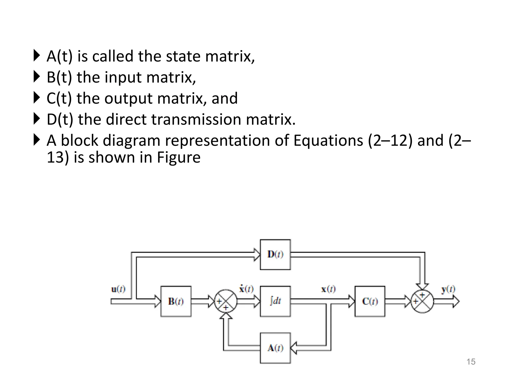  A(t) is called the state matrix,
 B(t) the input matrix,
 C(t) the output matrix, and
 D(t) the direct transmission matrix.
 A block diagram representation of Equations (2–12) and (2–
13) is shown in Figure
15
 