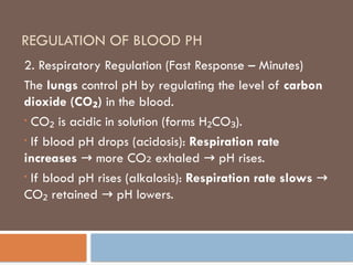 REGULATION OF BLOOD PH
2. Respiratory Regulation (Fast Response – Minutes)
The lungs control pH by regulating the level of carbon
dioxide (CO )
₂ in the blood.
• CO is acidic in solution (forms H CO ).
₂ ₂ ₃
• If blood pH drops (acidosis): Respiration rate
increases more CO exhaled pH rises.
→ ₂ →
• If blood pH rises (alkalosis): Respiration rate slows →
CO retained pH lowers.
₂ →
 