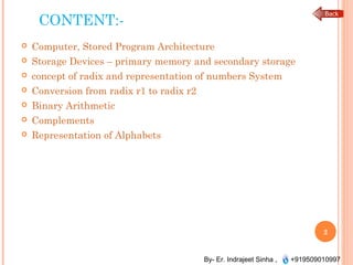 By- Er. Indrajeet Sinha , +919509010997
CONTENT:-
 Computer, Stored Program Architecture
 Storage Devices – primary memory and secondary storage
 concept of radix and representation of numbers System
 Conversion from radix r1 to radix r2
 Binary Arithmetic
 Complements
 Representation of Alphabets
2
 