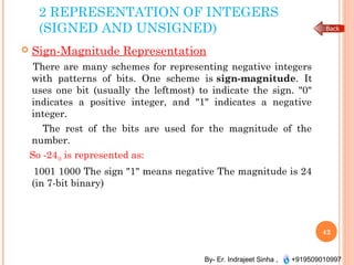By- Er. Indrajeet Sinha , +919509010997
2 REPRESENTATION OF INTEGERS
(SIGNED AND UNSIGNED)
 Sign-Magnitude Representation
There are many schemes for representing negative integers
with patterns of bits. One scheme is sign-magnitude. It
uses one bit (usually the leftmost) to indicate the sign. "0"
indicates a positive integer, and "1" indicates a negative
integer.
The rest of the bits are used for the magnitude of the
number.
So -2410 is represented as:
1001 1000 The sign "1" means negative The magnitude is 24
(in 7-bit binary)
42
 