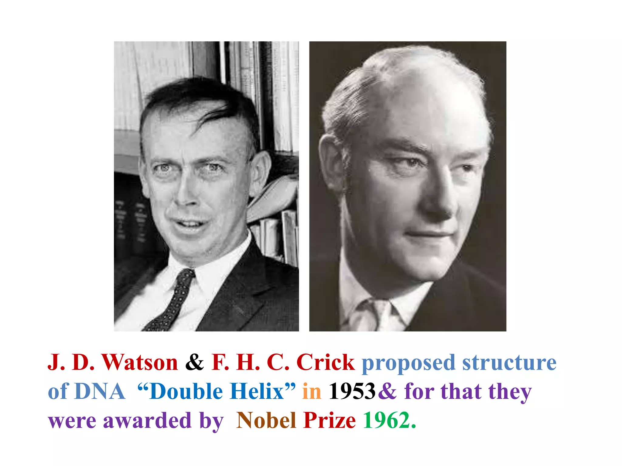 J. D. Watson & F. H. C. Crick proposed structure
of DNA “Double Helix” in 1953& for that they
were awarded by Nobel Prize 1962.
 