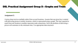 DSL Practical Assignment Group D : Graphs and Trees
17
15/07/2025 PCC-201- COM: Data Structures
Assignment 2:
A pizza shop receives multiple orders from several locations. Assume that one pizza boy is tasked
with delivering pizzas in nearby locations, which is represented using a graph. The time required to
reach from one location to another represents node connections. Solve the problem of delivering a
pizza to all customers in the minimum time. Use appropriate data structures
 