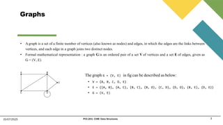 Graphs
• Agraph is a set of a finite number of vertices (also known as nodes) and edges, in which the edges are the links between
vertices, and each edge in a graph joins two distinct nodes.
• Formal mathematical representation : a graph G is an ordered pair of a set V of vertices and a set E of edges, given as
G = (V, E)
15/07/2025 PCC-201- COM: Data Structures 3
The graph G = (V, E) in fig can be described as below:
• V = {A, B, C, D, E}
• E = {{A, B}, {A, C}, {B, C}, {B, D}, {C, D}, {D, D}, {B, E}, {D, E}}
• G = (V, E)
 