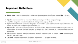 Important Definitions
15/07/2025 PCC-201- COM: Data Structures 4
• Node or vertex: Anode in a graph is called a vertex. In the preceding diagram, the vertices or nodes are A, B, C, D, and E
• Edge: This is a connection between two vertices. The line connecting A and B is an example of an edge.
• Loop: When an edge from a node is returned to itself , that edge forms a loop, e.g. D node.
• Degree of a vertex/node: The total number of edges that are incidental on a given vertex is called the degree of that vertex. For
example, the degree of the Bvertex in the previous diagram is 4.
• Adjacency: This refers to the connection(s) between any two nodes; thus, if there is a connection between any two vertices or
nodes, then they are said to be adjacent to each other. For example, the C node is adjacent to the Anode because there is an edge
between them.
• Path: A sequence of vertices and edges between any two nodes represents a path. For example, C-A-B-E represents a path
from the Cnode to the Enode.
• Leaf vertex : Avertex or node is called a leaf vertex or pendant vertex if it has exactly one degree.
 