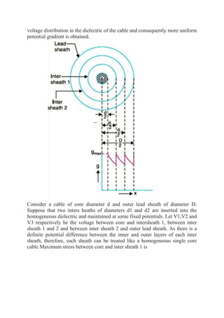 voltage distribution in the dielectric of the cable and consequently more uniform
potential gradient is obtained.
Consider a cable of core diameter d and outer lead sheath of diameter D.
Suppose that two inters heaths of diameters d1 and d2 are inserted into the
homogeneous dielectric and maintained at some fixed potentials. Let V1,V2 and
V3 respectively be the voltage between core and intersheath 1, between inter
sheath 1 and 2 and between inter sheath 2 and outer lead sheath. As there is a
definite potential difference between the inner and outer layers of each inter
sheath, therefore, each sheath can be treated like a homogeneous single core
cable Maximum stress between core and inter sheath 1 is
 