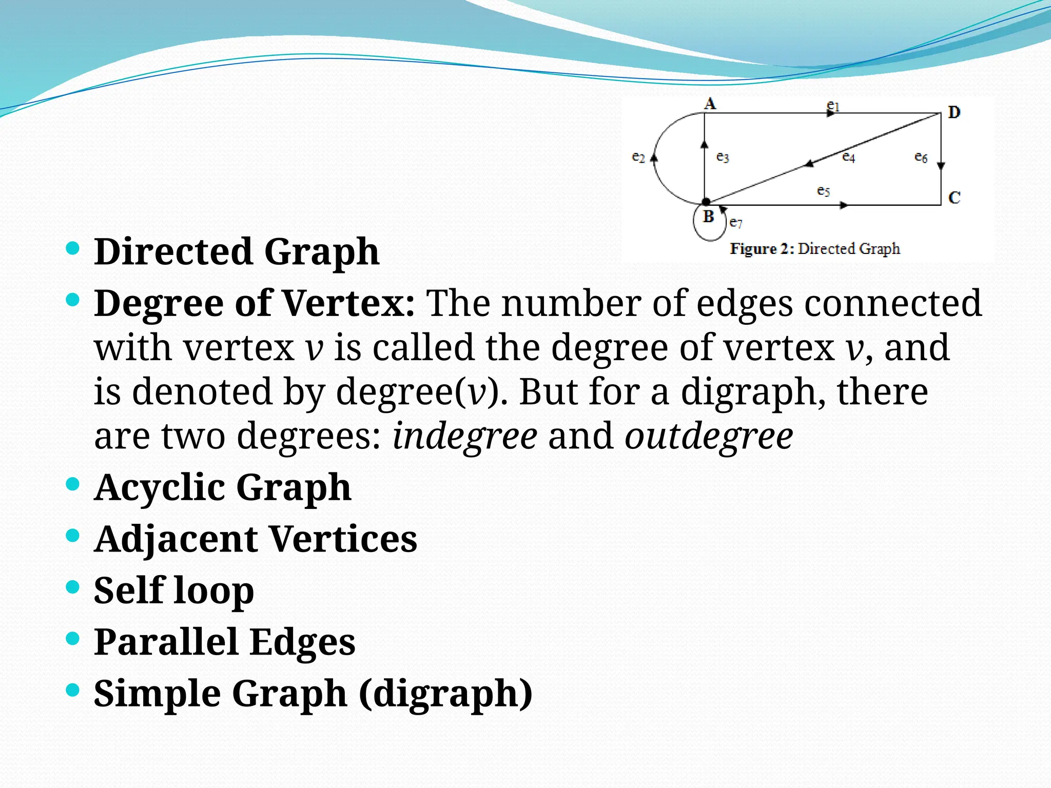  Directed Graph
 Degree of Vertex: The number of edges connected
with vertex v is called the degree of vertex v, and
is denoted by degree(v). But for a digraph, there
are two degrees: indegree and outdegree
 Acyclic Graph
 Adjacent Vertices
 Self loop
 Parallel Edges
 Simple Graph (digraph)
 