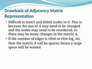Drawback of Adjacency Matrix
Representation
 Difficult to insert and delete nodes in G. This is
because the size of A may need to be changed
and the nodes may need to be reordered, so
there may be many changes in the matrix A.
 If the number of edges is O(m) or O(m log2 m),
then the matrix A will be sparse; hence a large
space will be wasted
 