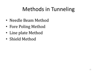 Methods in Tunneling
• Needle Beam Method
• Fore Poling Method
• Line plate Method
• Shield Method
11
 