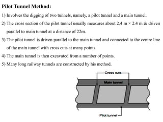 29
Pilot Tunnel Method:
1) Involves the digging of two tunnels, namely, a pilot tunnel and a main tunnel.
2) The cross section of the pilot tunnel usually measures about 2.4 m × 2.4 m & driven
parallel to main tunnel at a distance of 22m.
3) The pilot tunnel is driven parallel to the main tunnel and connected to the centre line
of the main tunnel with cross cuts at many points.
4) The main tunnel is then excavated from a number of points.
5) Many long railway tunnels are constructed by his method.
 