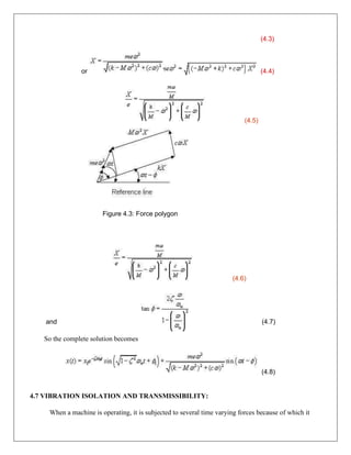 (4.3)
or (4.4)
(4.5)
Figure 4.3: Force polygon
(4.6)
and (4.7)
So the complete solution becomes
(4.8)
4.7 VIBRATION ISOLATION AND TRANSMISSIBILITY:
When a machine is operating, it is subjected to several time varying forces because of which it
 