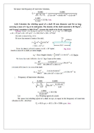 6.(ii) Calculate the whirling speed of a shaft 20 mm diameter and 0.6 m long
carrying a mass of 1 kg at its mid-point. The density of the shaft material is 40 Mg/m
3
,
and Young’s modulus is 200 GN/m
2
. Assume the shaft to be freely supported.
 