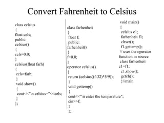 Convert Fahrenheit to Celsius
class celsius
{
float cels;
public:
celsius()
{
cels=0.0;
}
celsius(float farh)
{
cels=farh;
}
void show()
{
cout<<"n celsius="<<cels;
}
};
class farhenheit
{
float f;
public:
farhenheit()
{
f=0.0;
}
operator celsius()
{
return (celsius((f-32)*5/9));
}
void gettemp()
{
cout<<"n enter the temparature";
cin>>f;
}
};
void main()
{
celsius c1;
farhenheit f1;
clrscr();
f1.gettemp();
// uses the operator
function in source
class farhenheit
c1=f1;
c1.show();
getch();
}//main
 