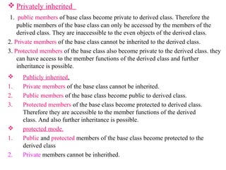  Privately inherited
1. public members of base class become private to derived class. Therefore the
public members of the base class can only be accessed by the members of the
derived class. They are inaccessible to the even objects of the derived class.
2. Private members of the base class cannot be inherited to the derived class.
3. Protected members of the base class also become private to the derived class. they
can have access to the member functions of the derived class and further
inheritance is possible.
 Publicly inherited.
1. Private members of the base class cannot be inherited.
2. Public members of the base class become public to derived class.
3. Protected members of the base class become protected to derived class.
Therefore they are accessible to the member functions of the derived
class. And also further inheritance is possible.
 protected mode.
1. Public and protected members of the base class become protected to the
derived class
2. Private members cannot be inherithed.
 