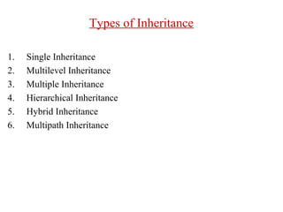 Types of Inheritance
1. Single Inheritance
2. Multilevel Inheritance
3. Multiple Inheritance
4. Hierarchical Inheritance
5. Hybrid Inheritance
6. Multipath Inheritance
 