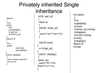 Privately inherited Single
inheritance
class B
{
int a;
public:
int b;
void getdata();
int get_a();
void show_a();
};
class D: B
{
int c;
public:
void mul();
void display();
};
Void B:: getdata()
{
cout<<“enter a and bn”;
cin>>a>>b;
}
int B:: get_a()
{
return a;
}
void B:: show_a()
{
cout<<“a=“<<a<<“n”;
}
void D::mul()
{
c= b*get_a();
}
void D:: display()
{
show_a();
cout<<“b=“<<b;
Cout<<“c=“<<c;
}
Int main()
{
D d;
d.getdata();
d.mul();
d.show_a();//wrong
d.display();
d.b=20;// wrong
d.mul();
d.display();
Return 0;
}//main
 
