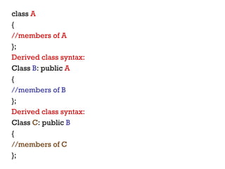 class A
{
//members of A
};
Derived class syntax:
Class B: public A
{
//members of B
};
Derived class syntax:
Class C: public B
{
//members of C
};
 