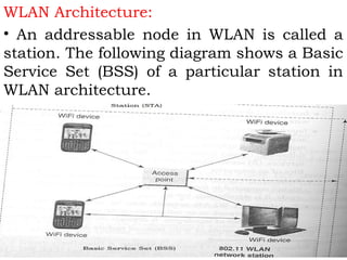 WLAN Architecture: 
• An addressable node in WLAN is called a 
station. The following diagram shows a Basic 
Service Set (BSS) of a particular station in 
WLAN architecture. 
• 
 