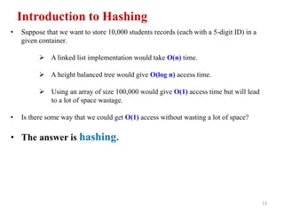 13
Introduction to Hashing
• Suppose that we want to store 10,000 students records (each with a 5-digit ID) in a
given container.
 A linked list implementation would take O(n) time.
 A height balanced tree would give O(log n) access time.
 Using an array of size 100,000 would give O(1) access time but will lead
to a lot of space wastage.
• Is there some way that we could get O(1) access without wasting a lot of space?
• The answer is hashing.
 
