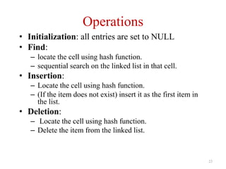23
Operations
• Initialization: all entries are set to NULL
• Find:
– locate the cell using hash function.
– sequential search on the linked list in that cell.
• Insertion:
– Locate the cell using hash function.
– (If the item does not exist) insert it as the first item in
the list.
• Deletion:
– Locate the cell using hash function.
– Delete the item from the linked list.
 