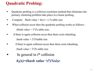 29
 Quadratic probing is a collision resolution method that eliminates the
primary clustering problem take place in a linear probing.
 Compute: Hash value = h(x) = x % table size
 When collision occur then the quadratic probing works as follows:
(Hash value + 12)% table size,
 if there is again collision occur then there exist rehashing.
(hash value + 22)%table size
 if there is again collision occur then there exist rehashing.
(hash value = 32)% table size
 In general in ith collision
hi(x)=(hash value +i2)%size
Quadratic Probing:
 