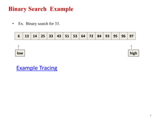 8
Binary Search Example
• Ex. Binary search for 33.
641413 25 33 5143 53 8472 93 95 97966
low high
Example Tracing
 