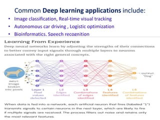 Common Deep learning applications include:
• Image classification, Real-time visual tracking
• Autonomous car driving , Logistic optimization
• Bioinformatics, Speech recognition
38
 