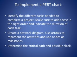 To implement a PERT chart:
• Identify the different tasks needed to
complete a project. Make sure to add these in
the right order and indicate the duration of
each task.
• Create a network diagram. Use arrows to
represent the activities and use nodes as
milestones.
• Determine the critical path and possible slack.
 