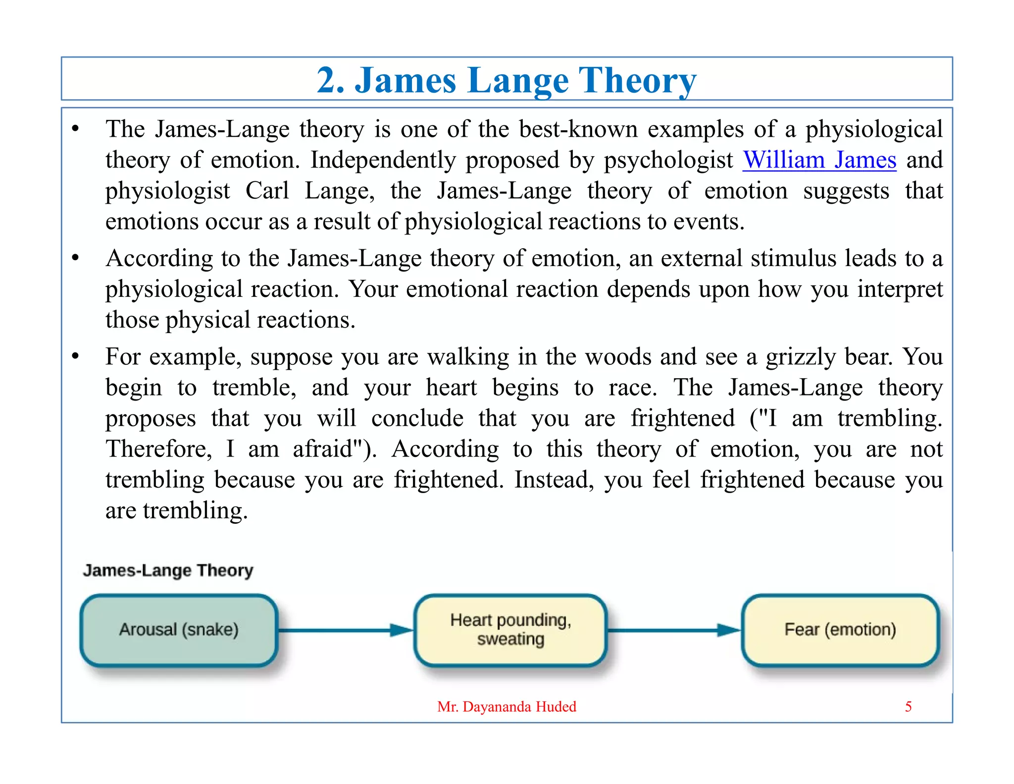 2. James Lange Theory
• The James-Lange theory is one of the best-known examples of a physiological
theory of emotion. Independently proposed by psychologist William James and
physiologist Carl Lange, the James-Lange theory of emotion suggests that
emotions occur as a result of physiological reactions to events.
• According to the James-Lange theory of emotion, an external stimulus leads to a
physiological reaction. Your emotional reaction depends upon how you interpret
those physical reactions.
• For example, suppose you are walking in the woods and see a grizzly bear. You
begin to tremble, and your heart begins to race. The James-Lange theory
begin to tremble, and your heart begins to race. The James-Lange theory
proposes that you will conclude that you are frightened ("I am trembling.
Therefore, I am afraid"). According to this theory of emotion, you are not
trembling because you are frightened. Instead, you feel frightened because you
are trembling.
5
Mr. Dayananda Huded
 
