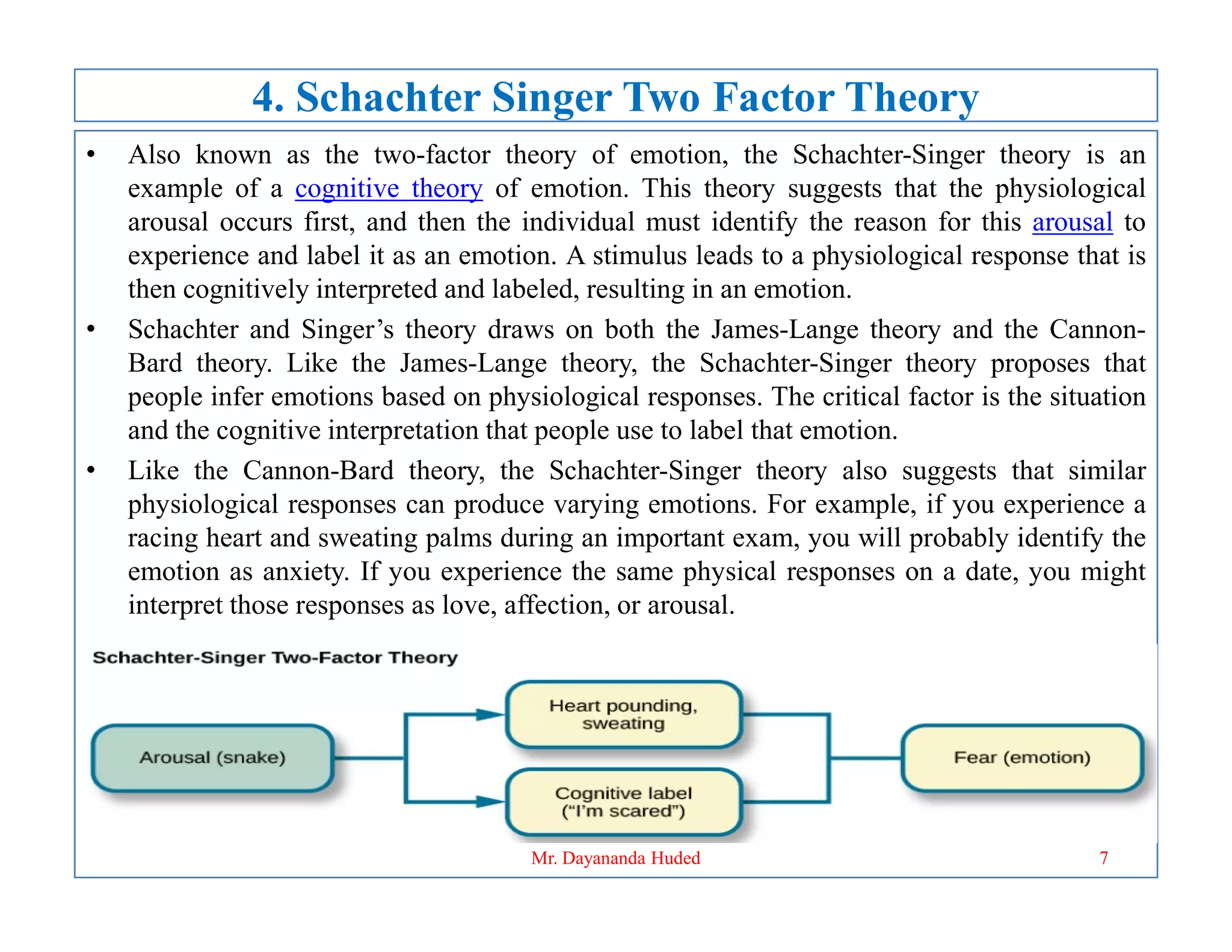 4. Schachter Singer Two Factor Theory
• Also known as the two-factor theory of emotion, the Schachter-Singer theory is an
example of a cognitive theory of emotion. This theory suggests that the physiological
arousal occurs first, and then the individual must identify the reason for this arousal to
experience and label it as an emotion. A stimulus leads to a physiological response that is
then cognitively interpreted and labeled, resulting in an emotion.
• Schachter and Singer’s theory draws on both the James-Lange theory and the Cannon-
Bard theory. Like the James-Lange theory, the Schachter-Singer theory proposes that
people infer emotions based on physiological responses. The critical factor is the situation
and the cognitive interpretation that people use to label that emotion.
• Like the Cannon-Bard theory, the Schachter-Singer theory also suggests that similar
• Like the Cannon-Bard theory, the Schachter-Singer theory also suggests that similar
physiological responses can produce varying emotions. For example, if you experience a
racing heart and sweating palms during an important exam, you will probably identify the
emotion as anxiety. If you experience the same physical responses on a date, you might
interpret those responses as love, affection, or arousal.
7
Mr. Dayananda Huded
 