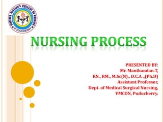 PRESENTED BY:
Mr. Manikandan.T,
RN., RM., M.Sc(N)., D.C.A .,(Ph.D)
Assistant Professor,
Dept. of Medical Surgical Nursing,
VMCON, Puducherry.
 