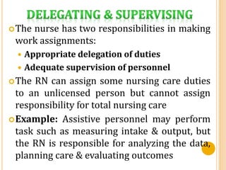 The nurse has two responsibilities in making
work assignments:
 Appropriate delegation of duties
 Adequate supervision of personnel
The RN can assign some nursing care duties
to an unlicensed person but cannot assign
responsibility for total nursing care
Example: Assistive personnel may perform
task such as measuring intake & output, but
the RN is responsible for analyzing the data,
planning care & evaluating outcomes
 