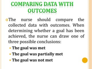 The nurse should compare the
collected data with outcomes. When
determining whether a goal has been
achieved, the nurse can draw one of
three possible conclusions:
 The goal was met
 The goal was partially met
 The goal was not met
 