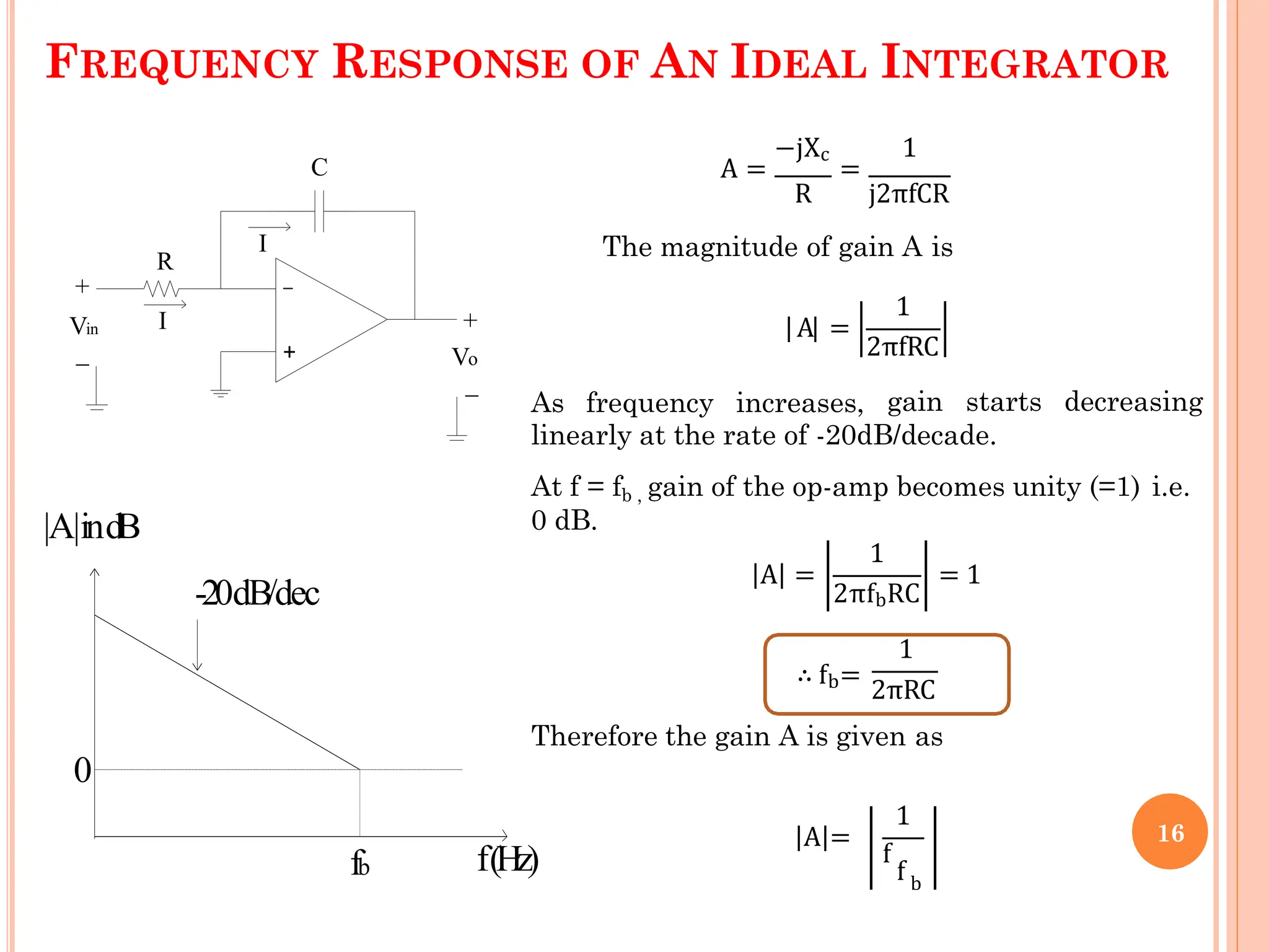 FREQUENCY RESPONSE OF AN IDEAL INTEGRATOR
+
_
Vin
+
+
_
_ Vo
C
R
I
I
−jXc 1
A = =
R j2πfCR
The magnitude of gain A is
1
A =
As frequency increases,
2πfRC
gain starts decreasing
linearly at the rate of -20dB/decade.
At f = fb , gain of the op-amp becomes unity (=1) i.e.
0 dB.
1
2πfbRC
A = = 1
1
∴ fb=
2πRC
Therefore the gain A is given as
A =
1
f
f b
f(Hz)
|A|indB
0
-20dB/dec
fb
16
 