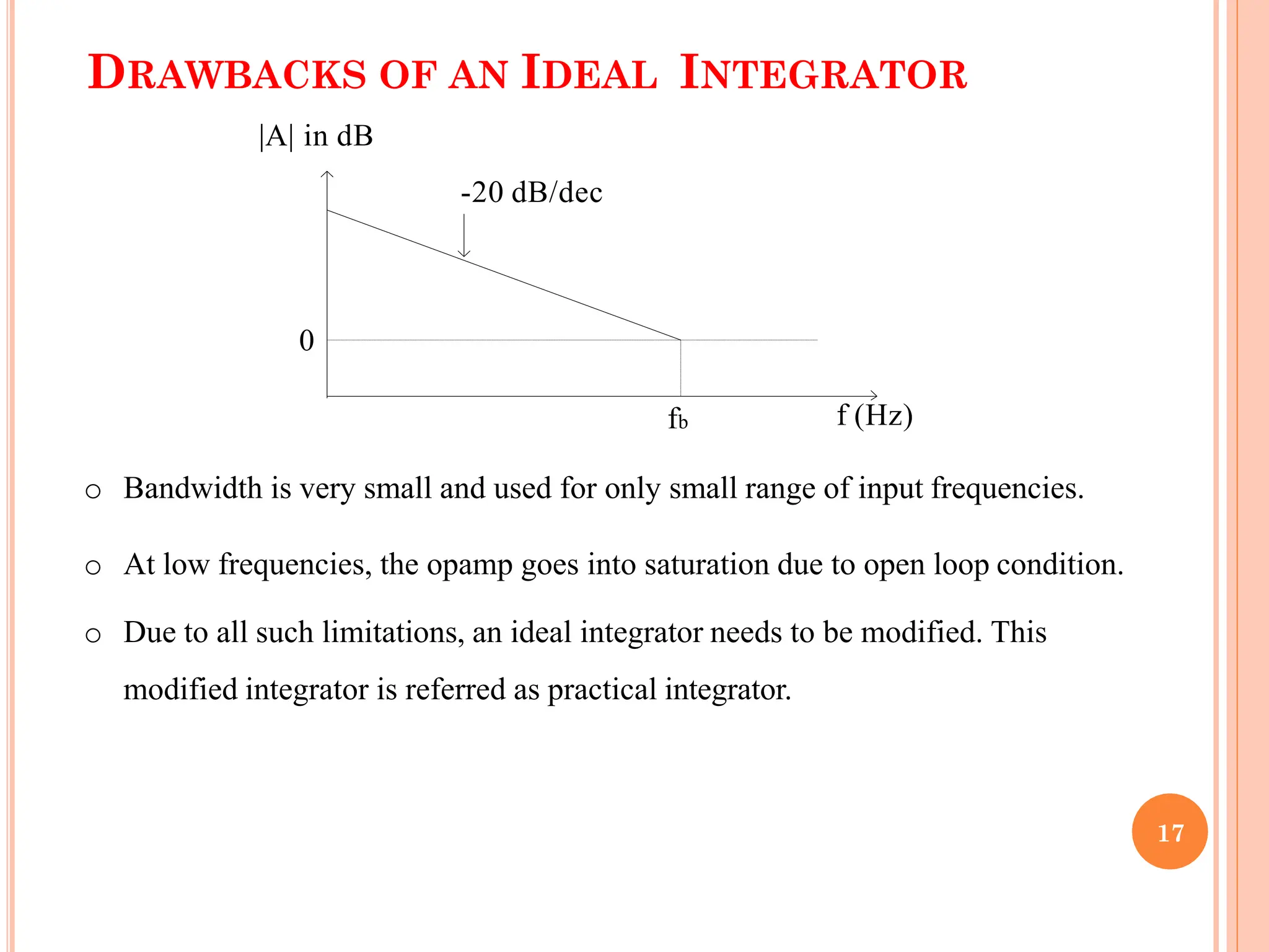 DRAWBACKS OF AN IDEAL INTEGRATOR
o Bandwidth is very small and used for only small range of input frequencies.
o At low frequencies, the opamp goes into saturation due to open loop condition.
o Due to all such limitations, an ideal integrator needs to be modified. This
modified integrator is referred as practical integrator.
f (Hz)
0
|A| in dB
-20 dB/dec
fb
17
 