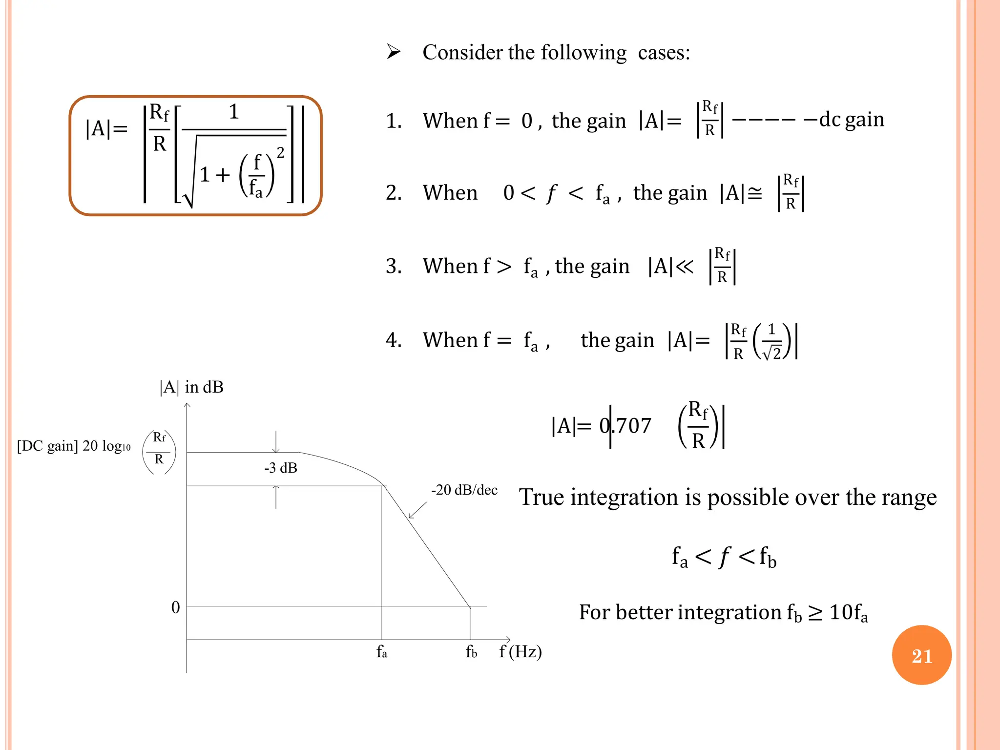 A =
Rf
R
1
1 +
f
fa
2
 Consider the following cases:
1. When f = 0 , the gain A =
Rf
R
−−−− −dc gain
2. When a
0 < 𝑓 < f , the gain A ≅
Rf
R
a
3. When f > f , the gain A ≪
Rf
R
a
4. When f = f , the gain A =
Rf 1
R 2
A = 0.707
Rf
R
fa
|A| in dB
0
-20 dB/dec
fb f (Hz)
Rf
R
-3 dB
[DC gain] 20 log10
True integration is possible over the range
fa < 𝑓 <fb
For better integration fb ≥ 10fa
21
 